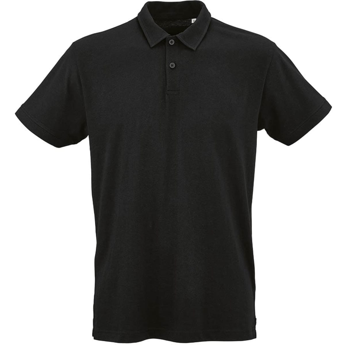 A black short sleeve jersey polo shirt made of 100% organic cotton, featuring a collar and three buttons.