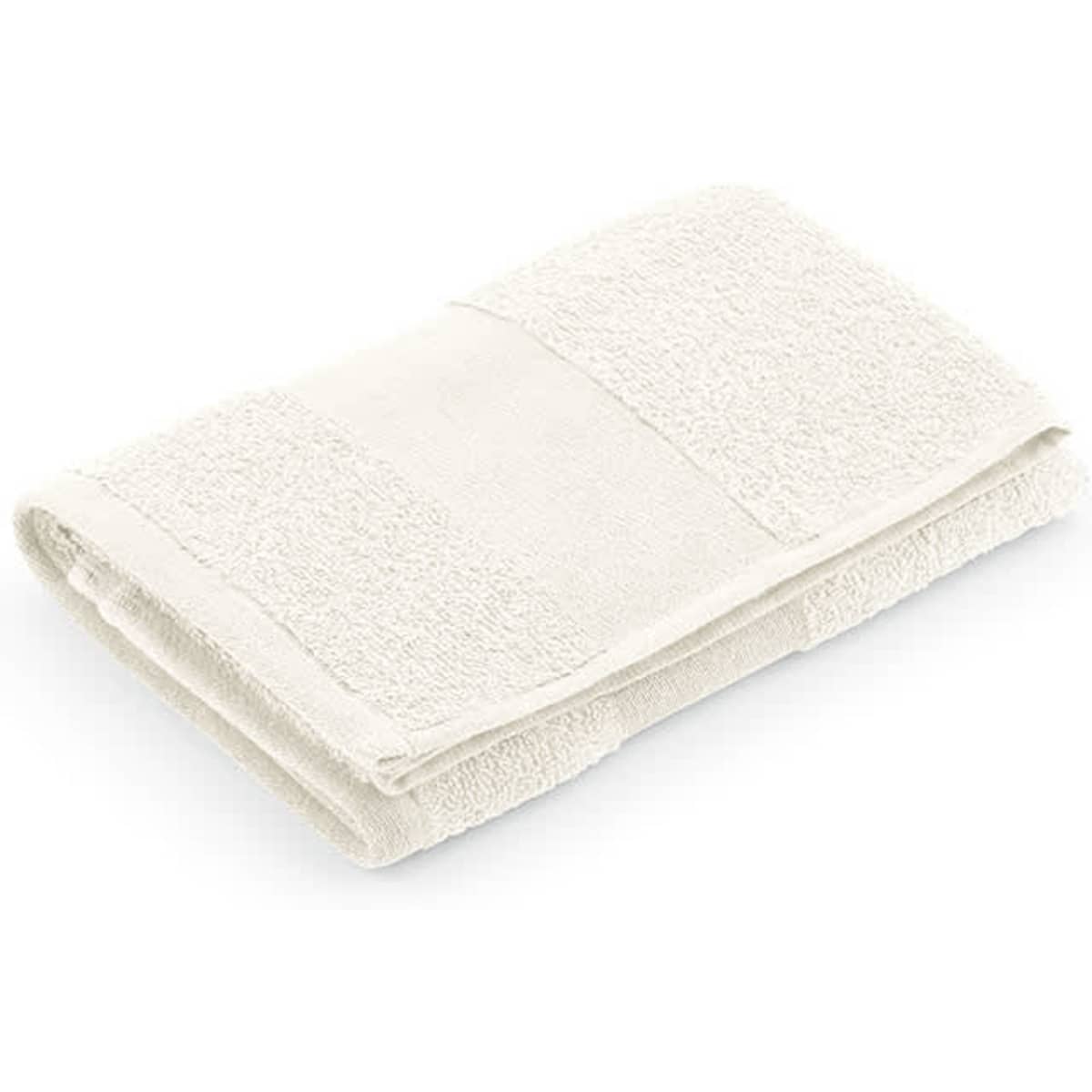 A folded cream towel made of cotton, featuring a textured surface and a branding logo.