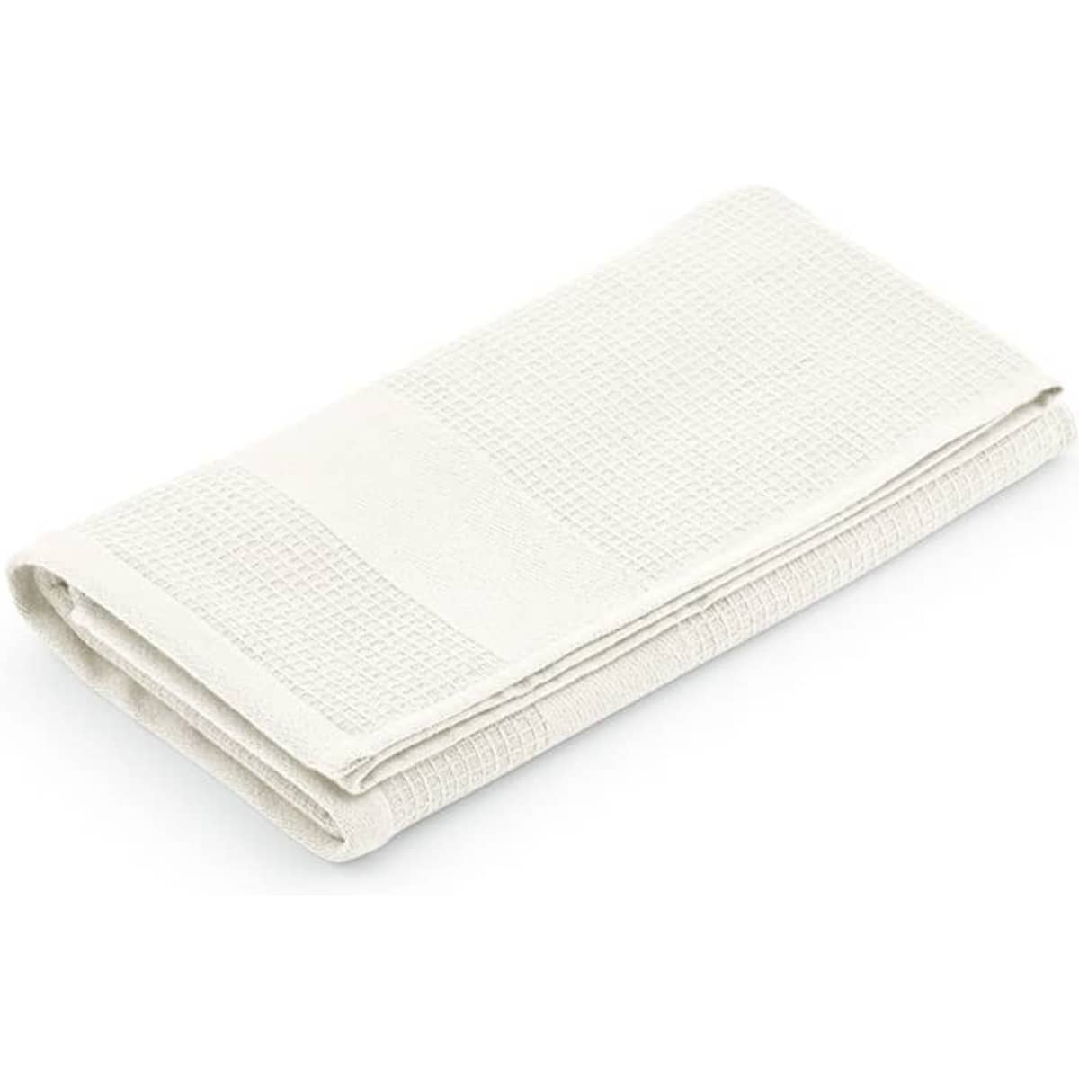 A folded white cotton towel with textured sections, promotional item featuring a logo.