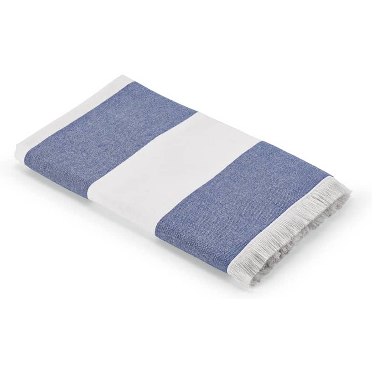A folded towel featuring blue and white stripes, with a fringed edge. It has a logo on one corner.