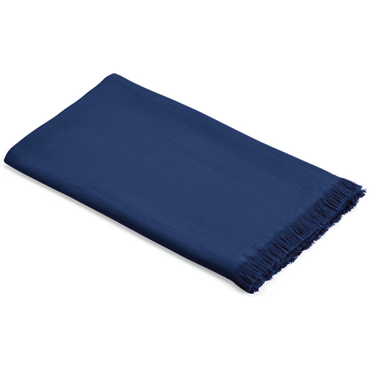 A navy blue towel with fringed edges. It is made of cotton and has a branding logo.
