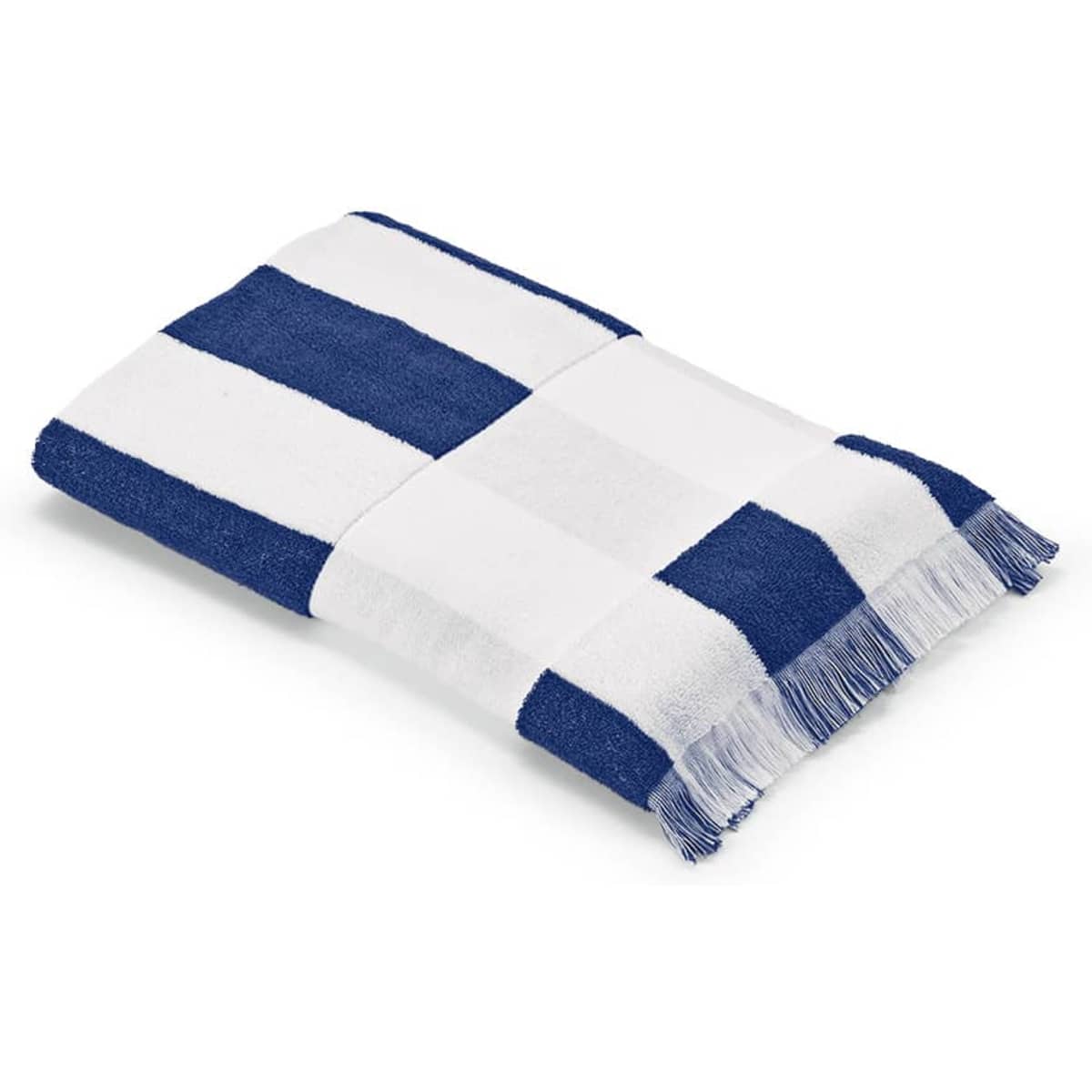 A folded blue and white striped towel made of cotton, featuring fringed edges and a logo.