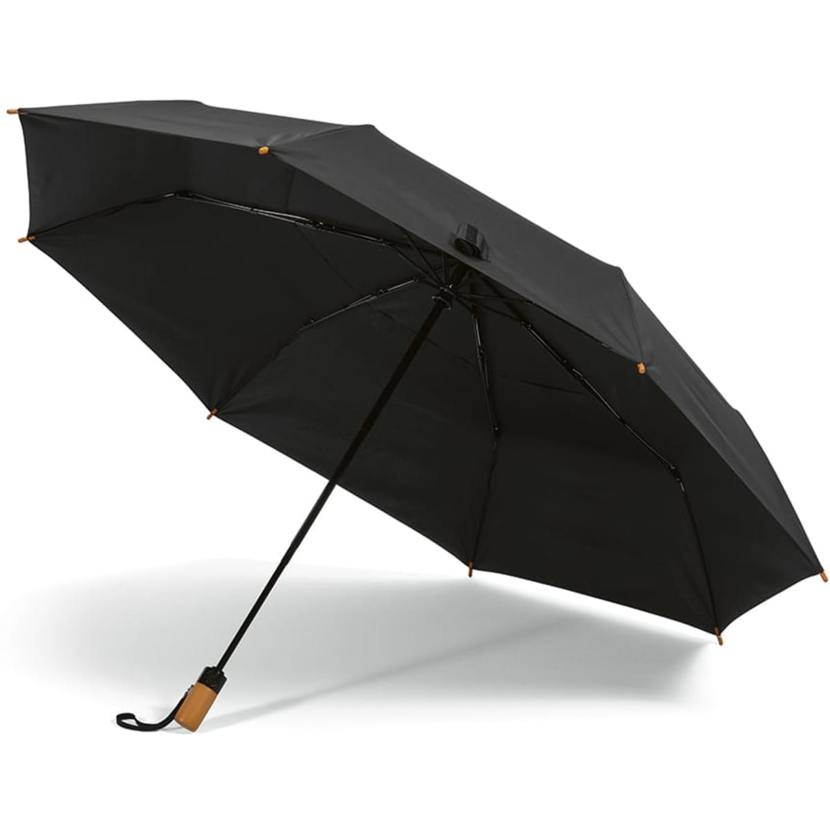A black foldable umbrella with automatic opening and closing features, showcasing a sleek design and a wooden handle.