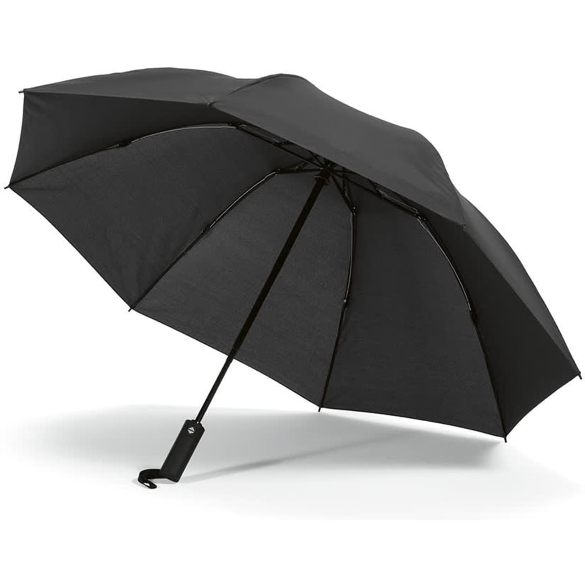 A black foldable umbrella with a reversible closing mechanism and a sturdy handle, featuring a logo.