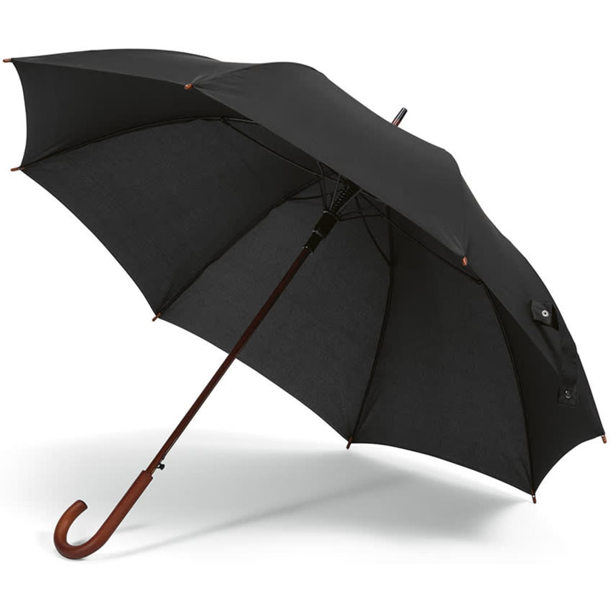 A black windproof umbrella with an automatic opening feature and a wooden handle. It has a logo.