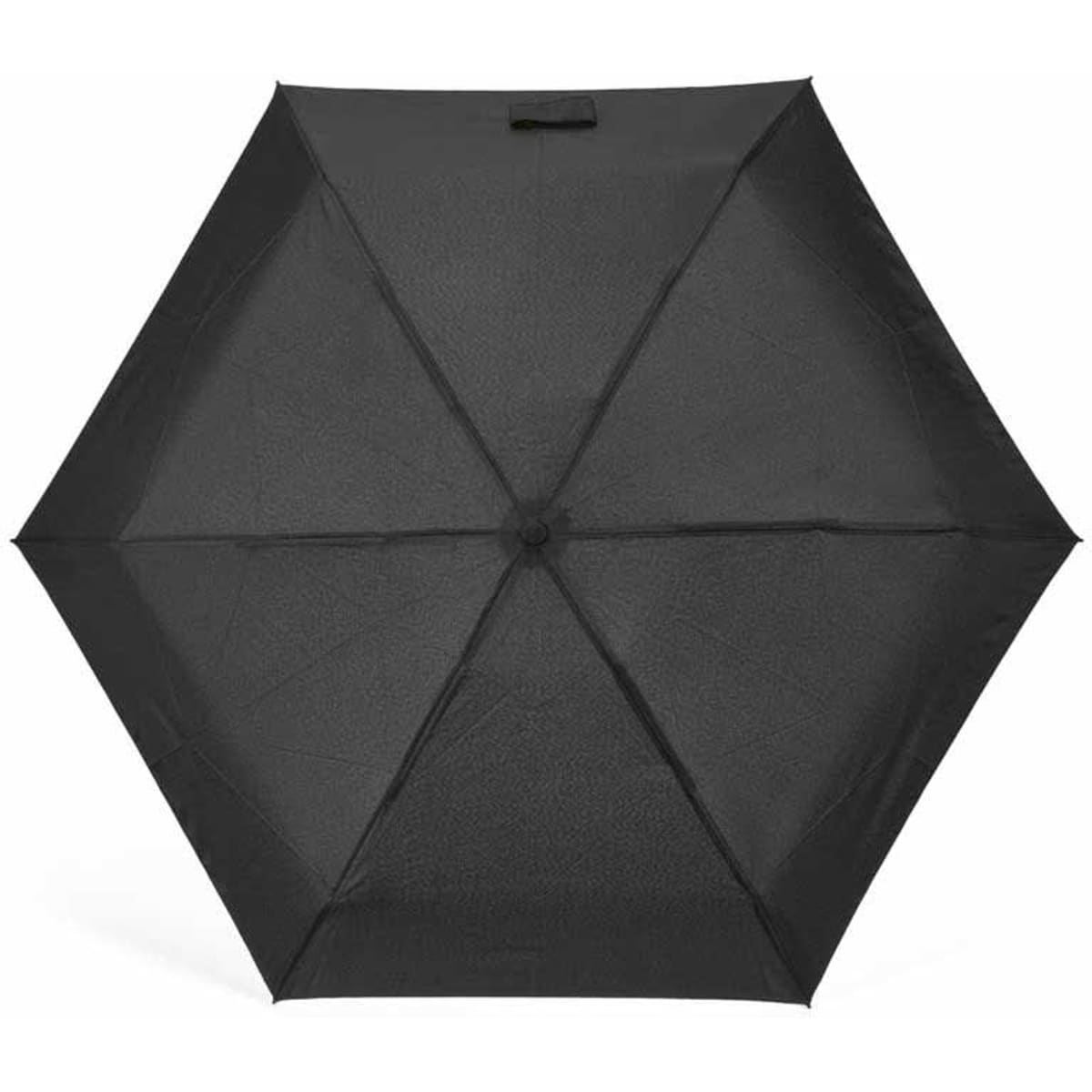 A black foldable umbrella, featuring a manual opening and an integrated logo.