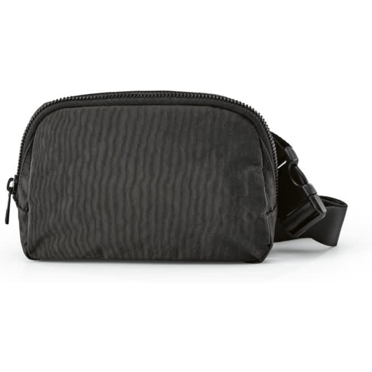 A black waist bag with two pockets and an adjustable strap. It has a textured surface and a zipper closure.