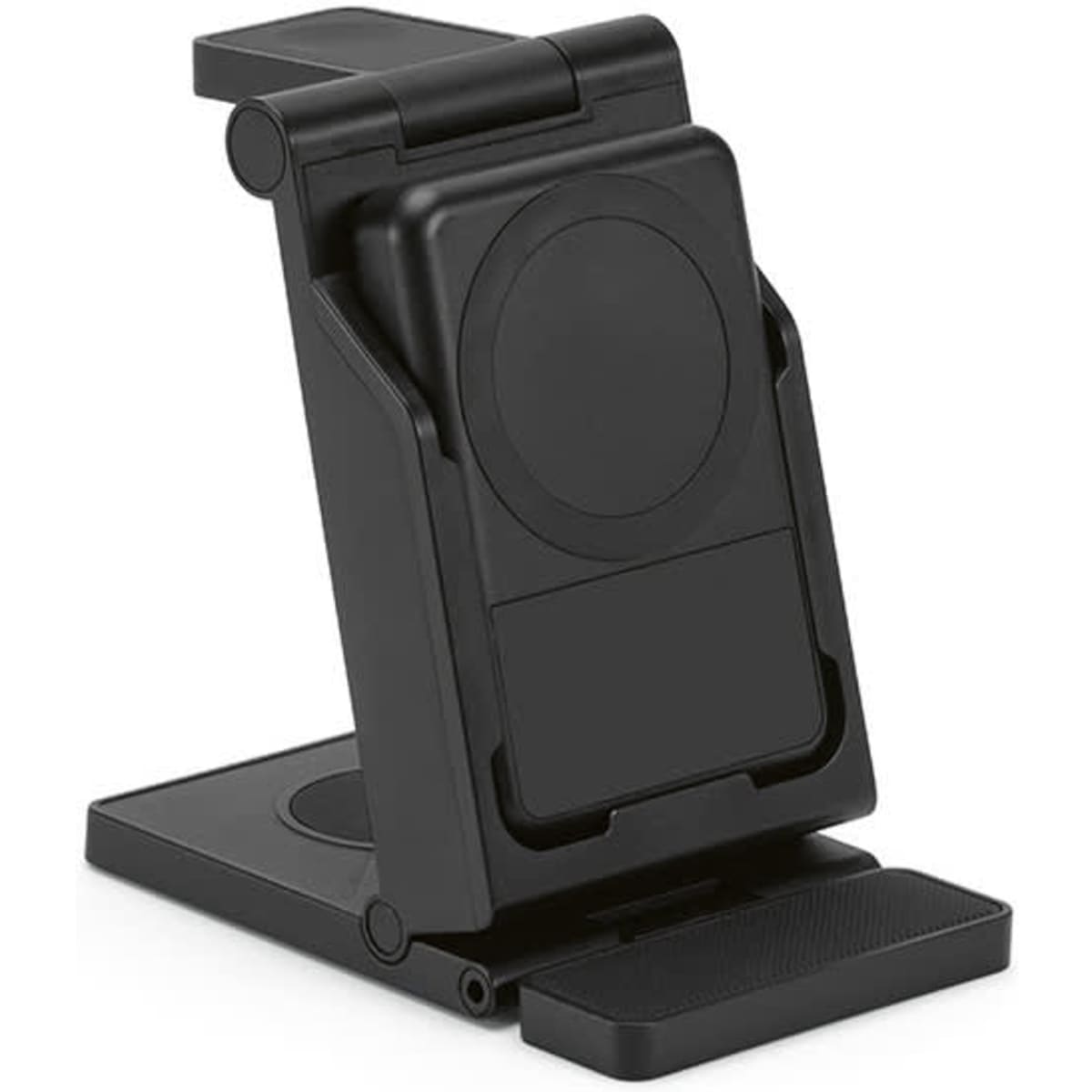 A black 3-in-1 wireless charger with a foldable stand and space for charging a phone and compatible devices.