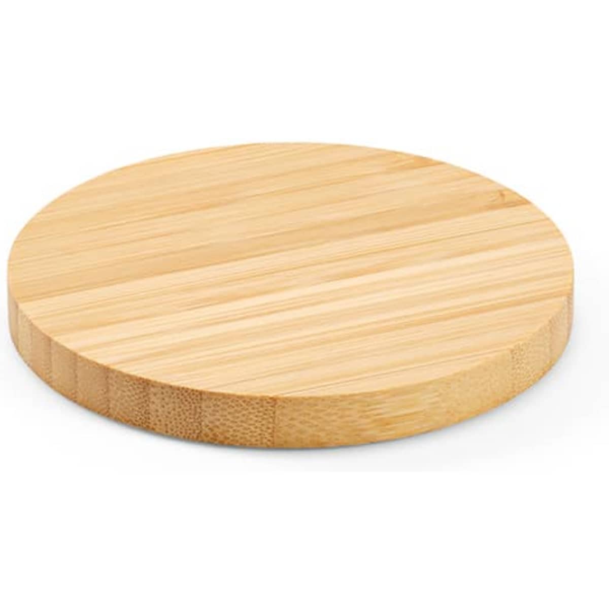 A round bamboo wireless charger with a smooth, natural wood finish. It features a USB-C port.