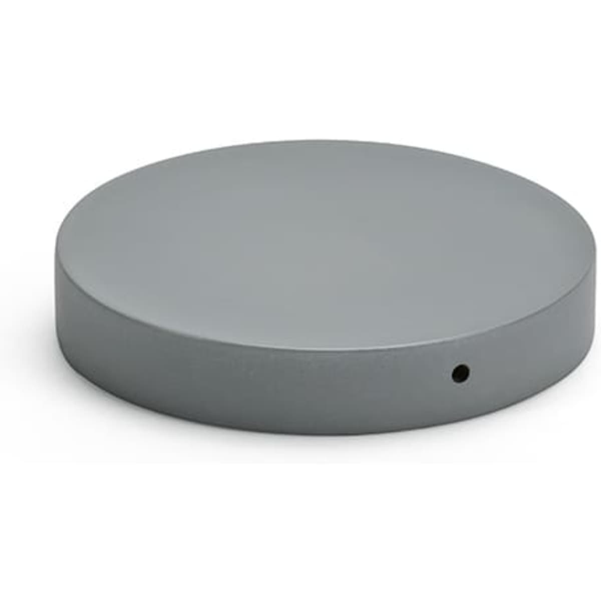 A round, grey wireless charger with a USB-C port and a minimalistic design. It features a logo on the surface.