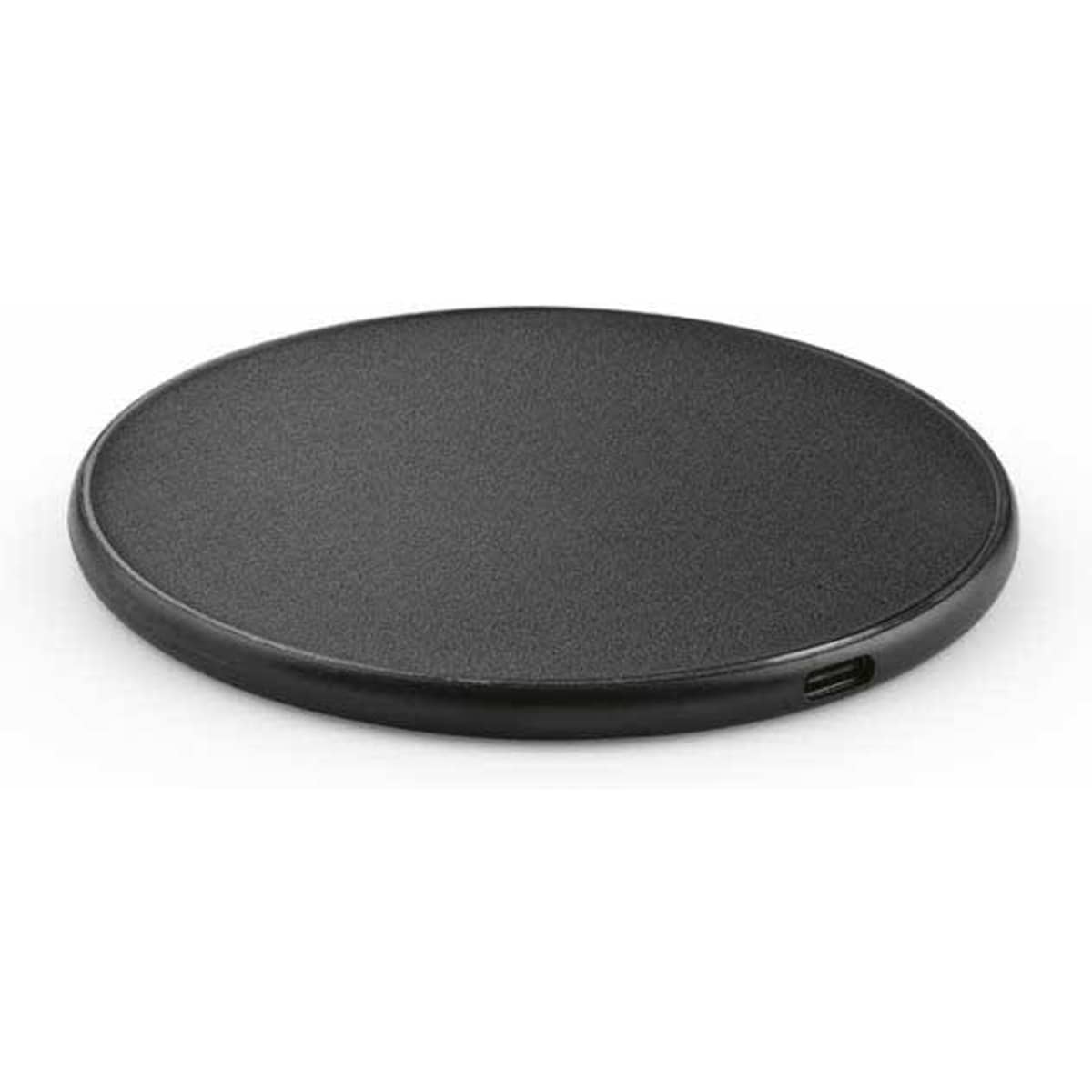 A round black wireless fast charger with a USB-C port. It has a sleek, minimalist design.