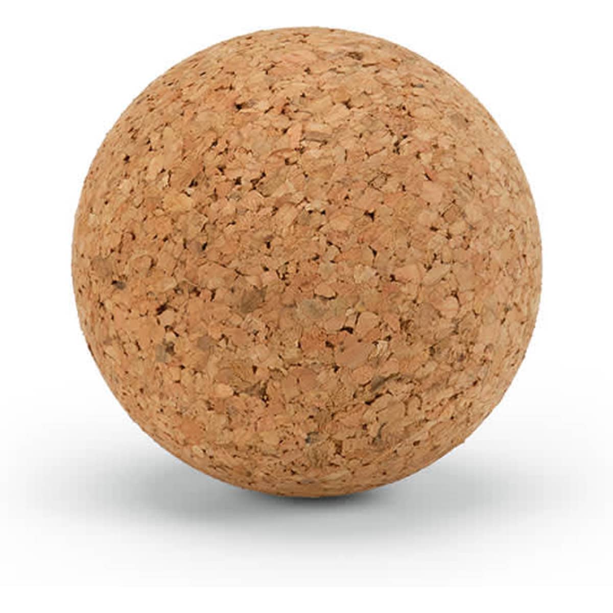 A natural cork sphere, featuring a textured surface and a warm, light brown colour. The product includes a logo.
