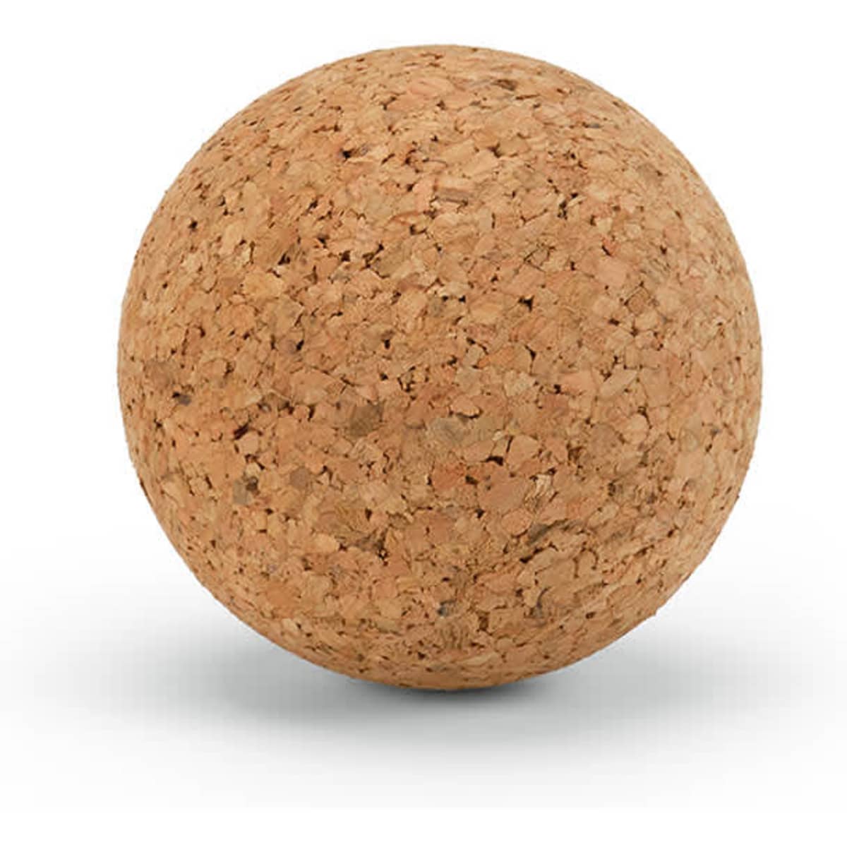 A cork sphere in a natural light brown colour, featuring a textured surface and an indistinct branding logo.