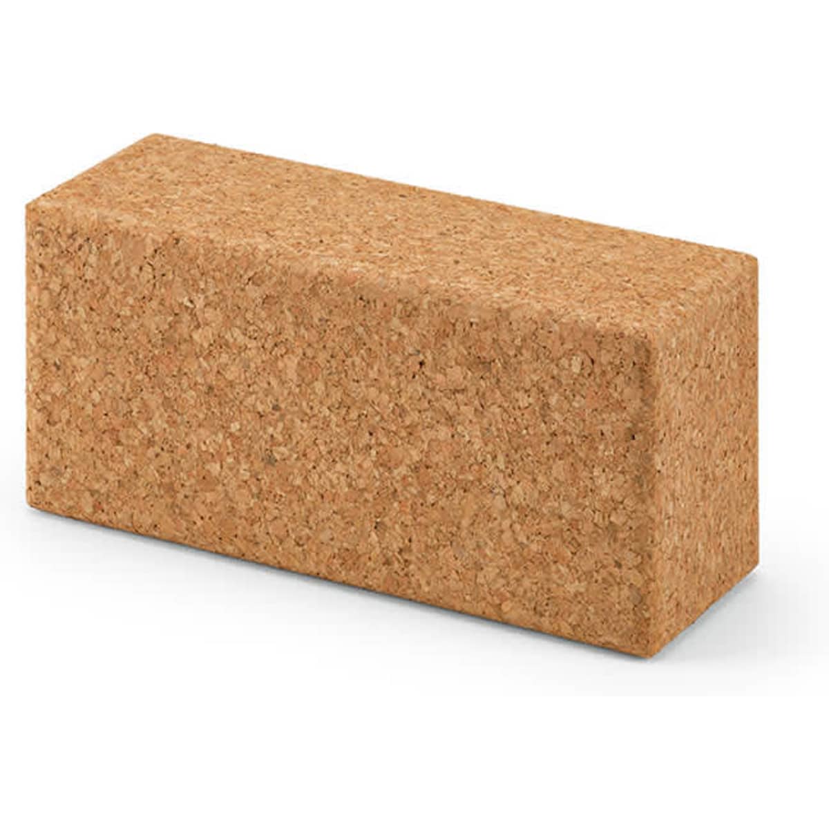 A cork yoga block in a natural brown colour with a rectangular shape and a textured surface. It has a logo.
