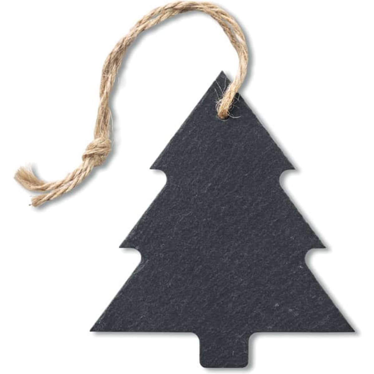 A black, tree-shaped gift tag with a twine loop for hanging.