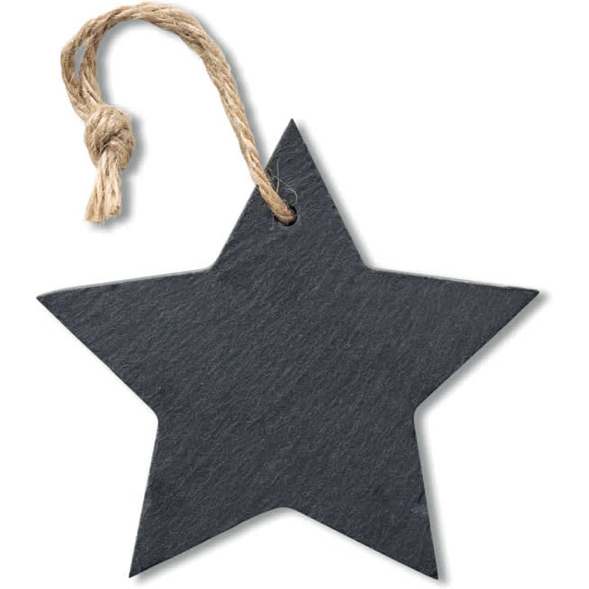 A star-shaped tag made of dark slate with a twine string attached.