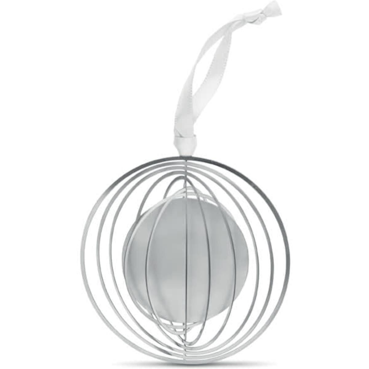 A decorative silver ornament featuring a spherical centre encased in a circular metal frame with a ribbon for hanging.