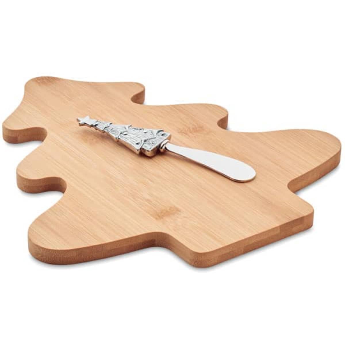 A wooden chopping board in the shape of a Christmas tree with a knife resting on it.