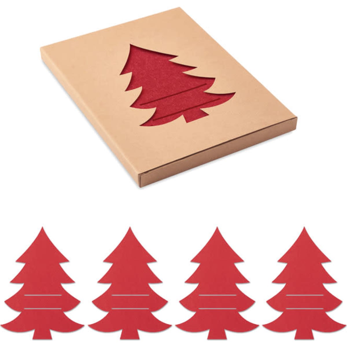 A gift box with a cut-out Christmas tree design, containing five red paper tree cut-outs.
