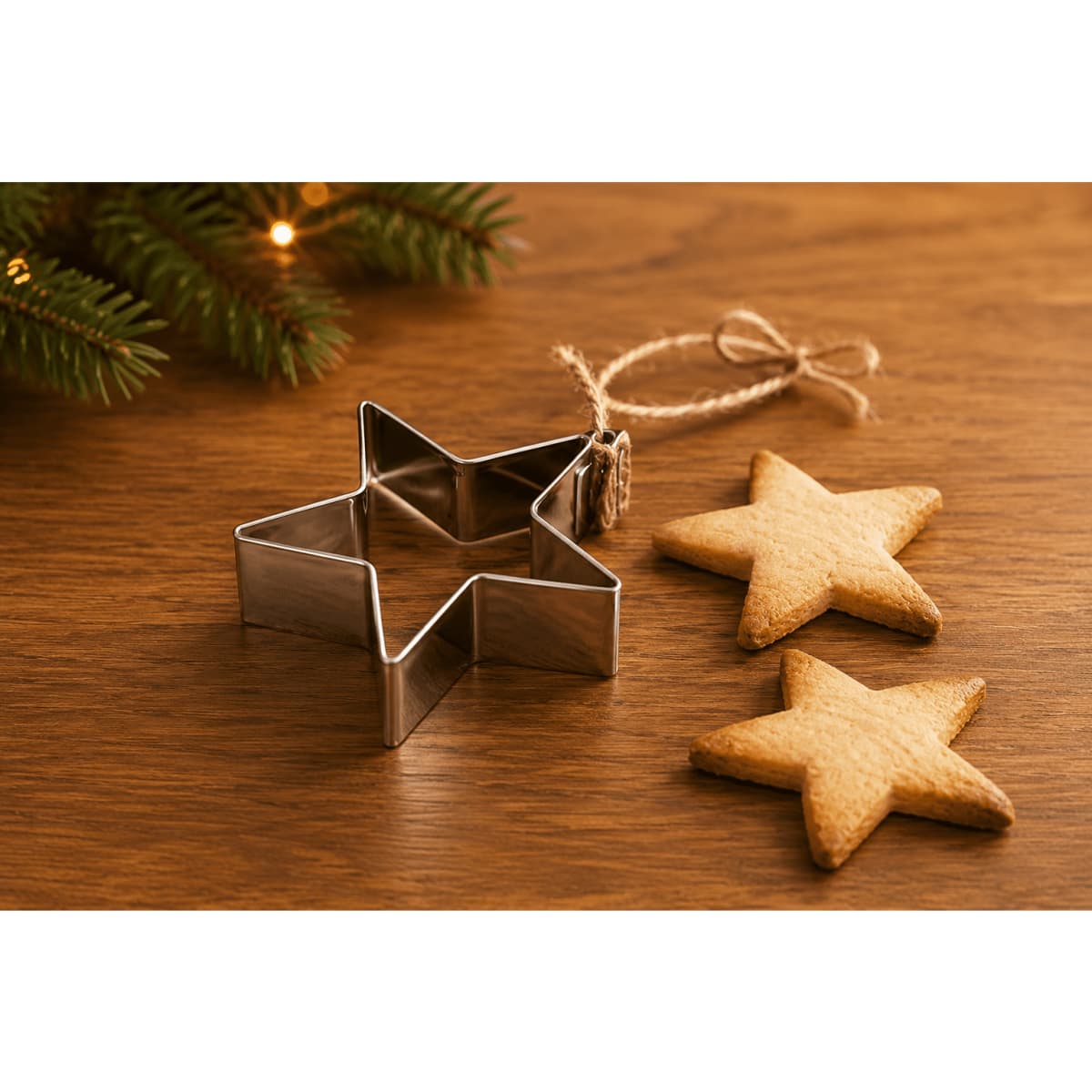A star-shaped cookie cutter in metal beside two star-shaped baked cookies on a wooden surface.