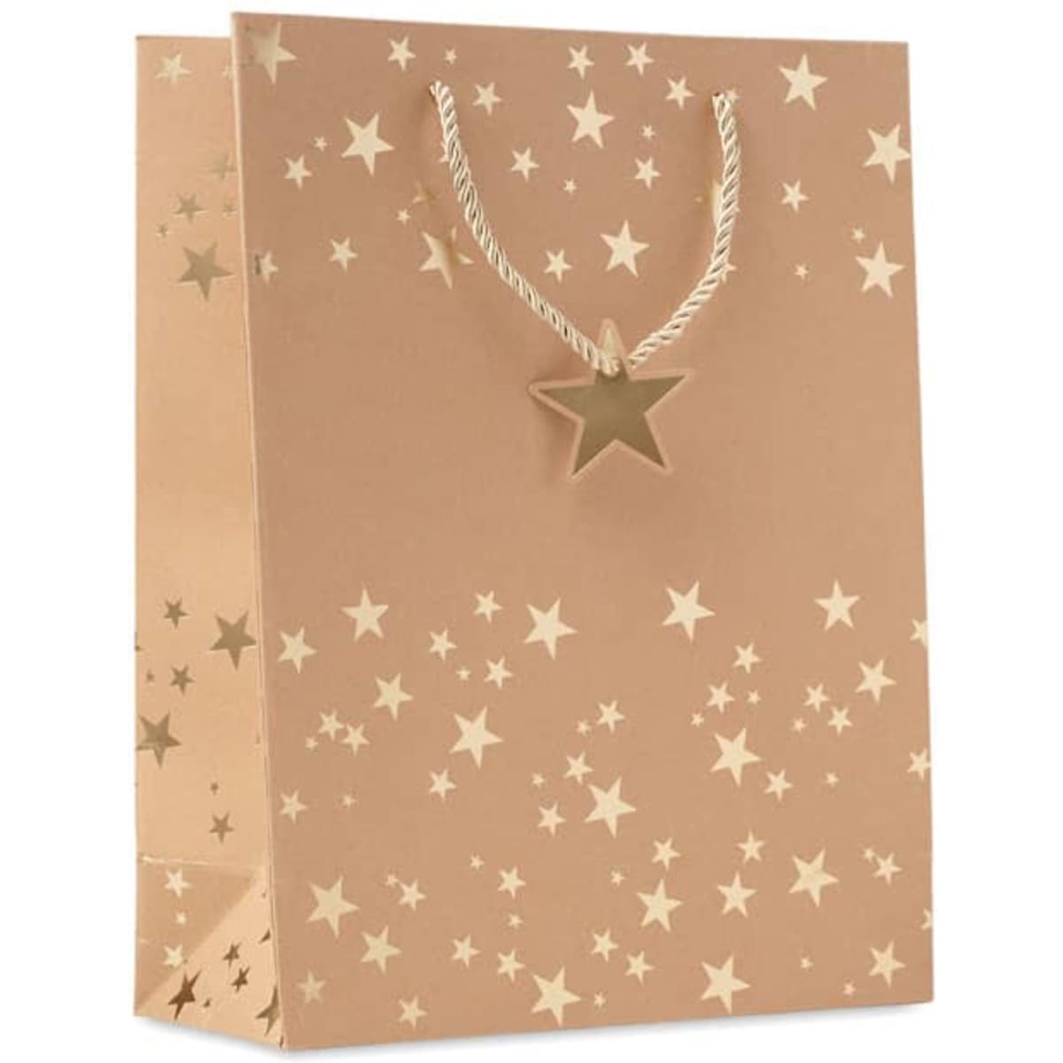 A gift bag in a bronze colour, decorated with gold stars and featuring a star-shaped tag. It has a rope handle.