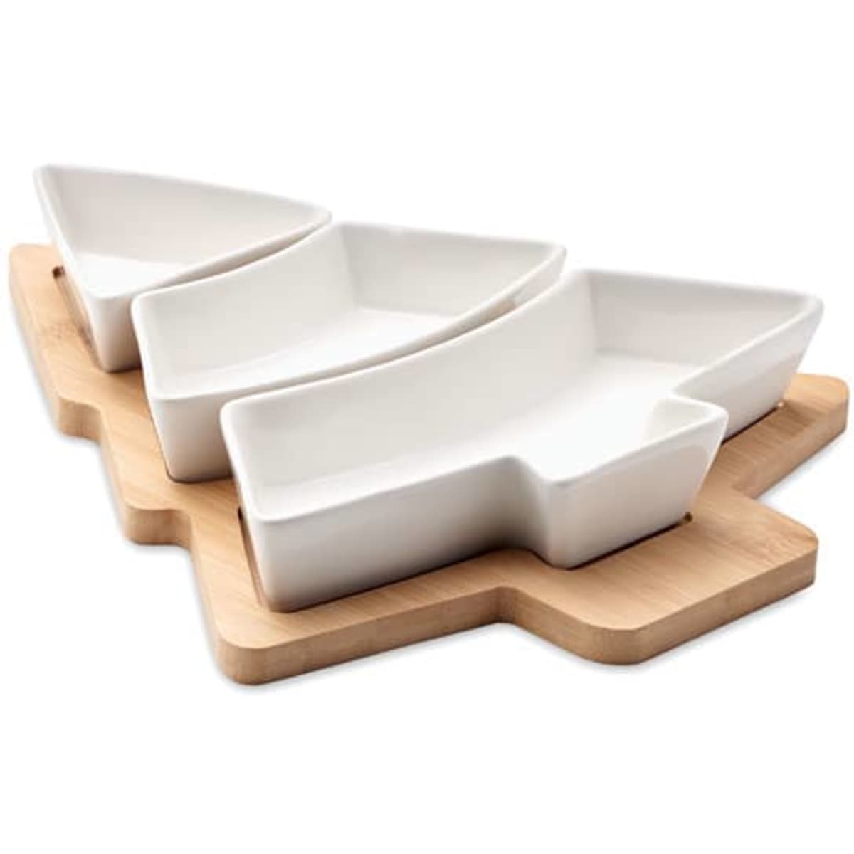 Three white serving dishes in triangular shapes set on a wooden platter resembling a tree.