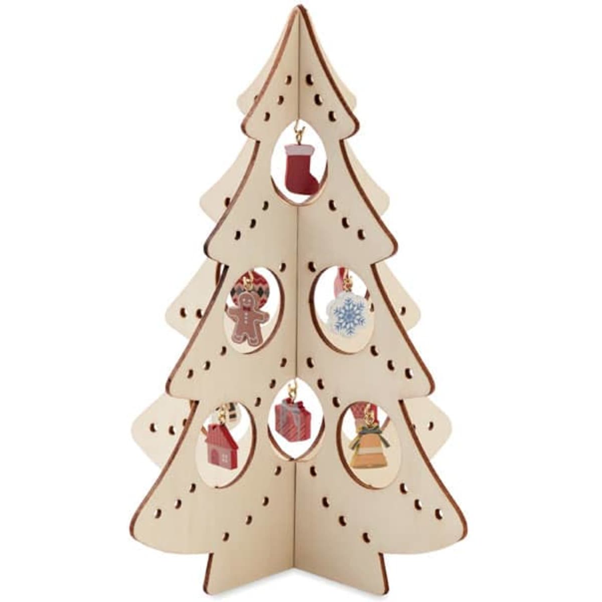 A decorative wooden Christmas tree featuring cut-out shapes and hanging ornaments in festive colours.