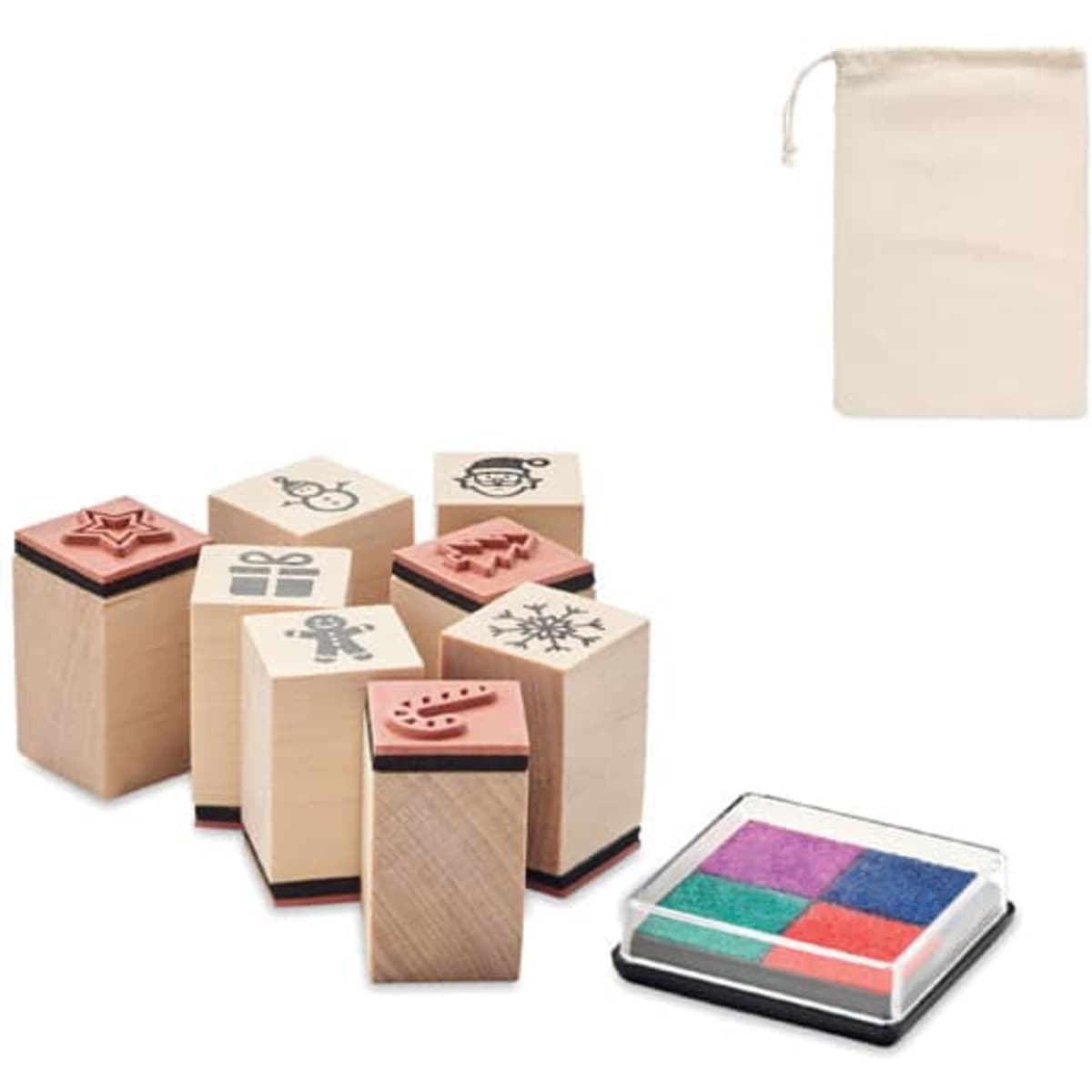 A set of wooden stamps featuring various holiday designs in a canvas bag, with a multicoloured ink pad included.