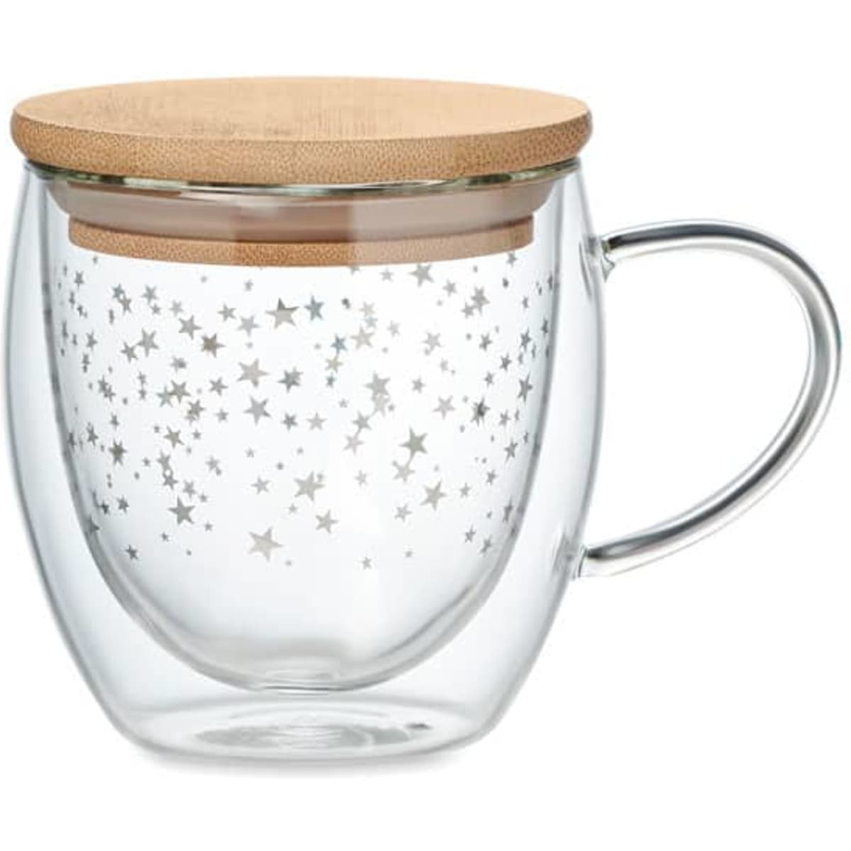 A transparent glass mug with a wooden lid, featuring a pattern of silver stars inside.