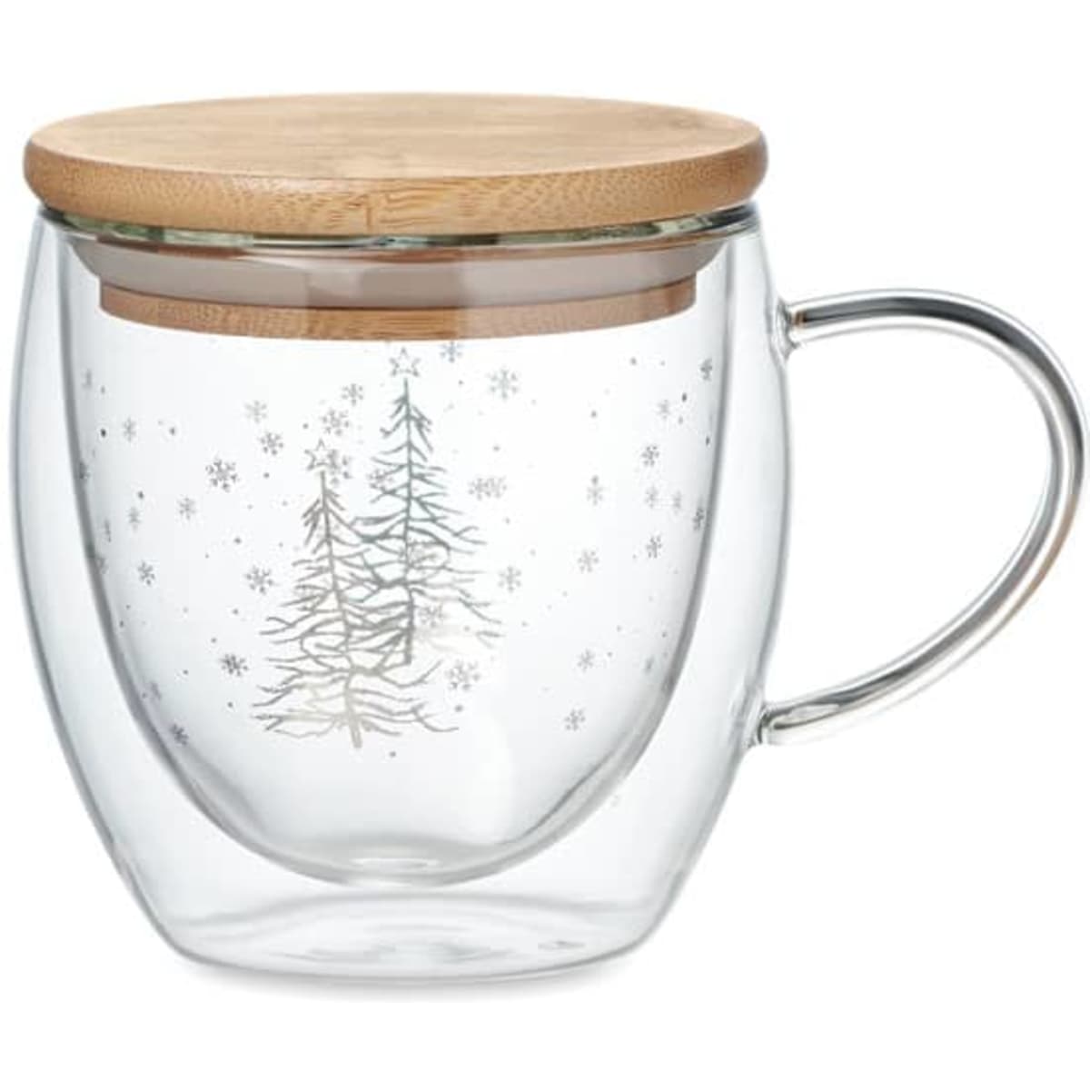 A glass drink container with a decorative design of trees and snowflakes, topped with a wooden lid.