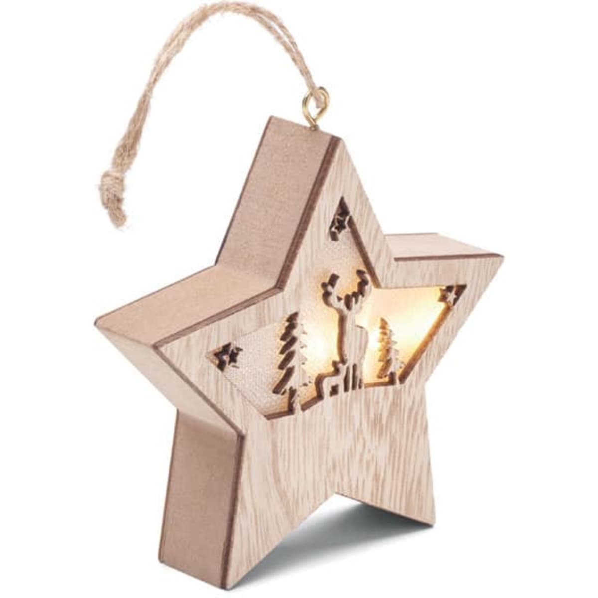 A wooden star decoration with a cut-out design featuring a reindeer and trees, illuminated from within.