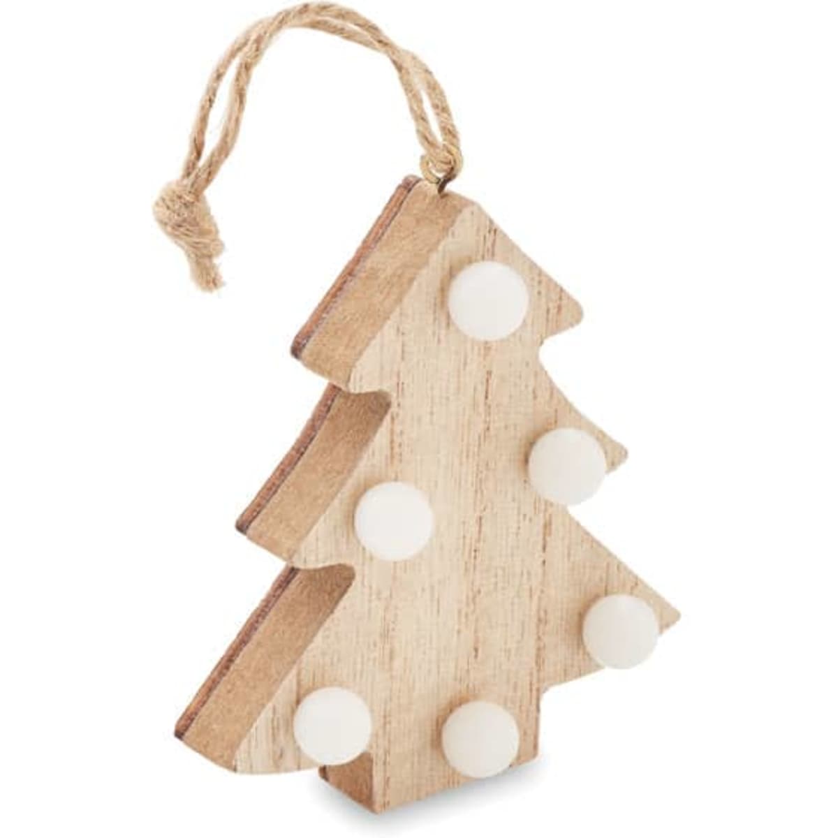 A wooden Christmas tree ornament with a natural finish and white decorative dots, featuring a rope for hanging.