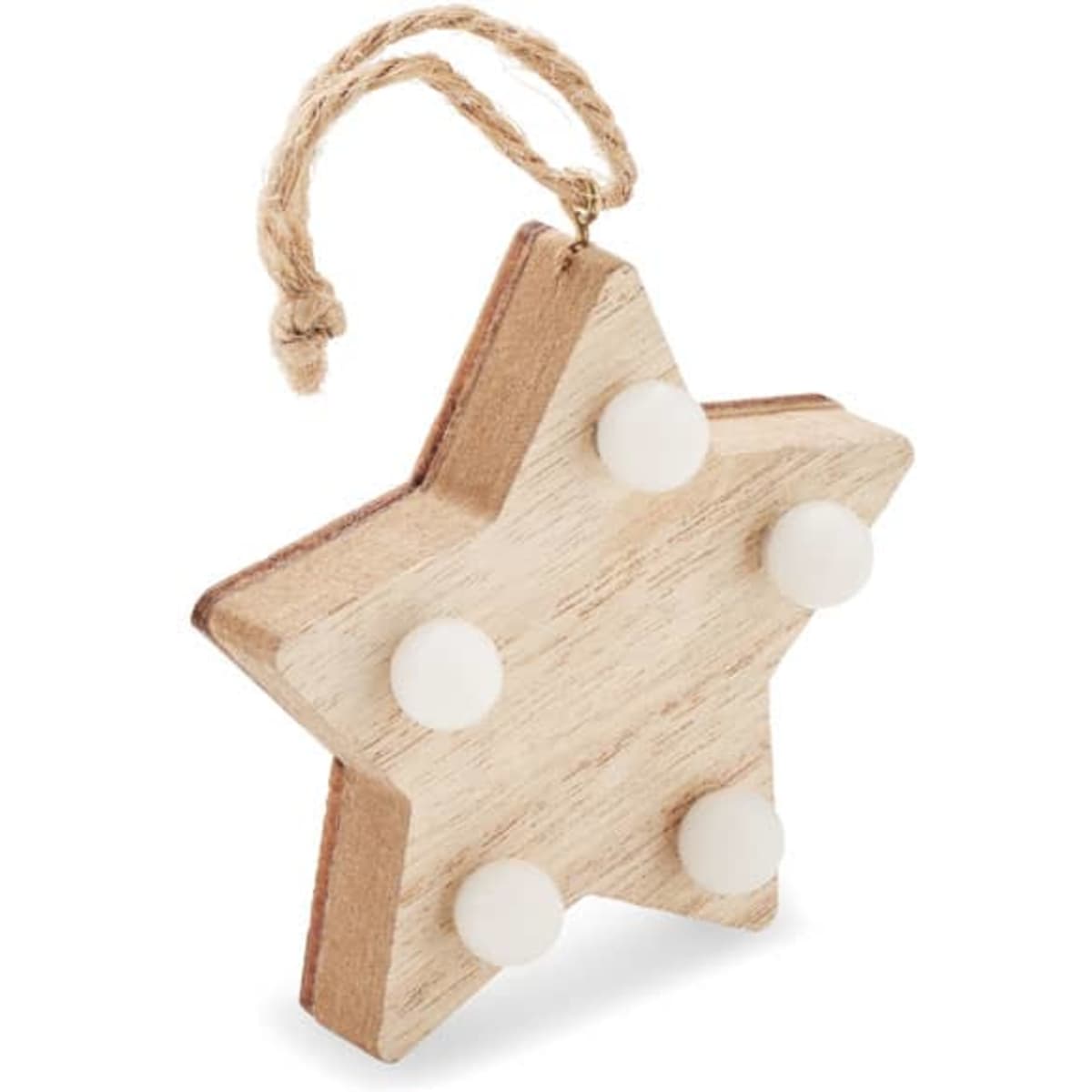 A wooden star-shaped decoration with a natural finish and five white round embellishments, featuring a rope for hanging.
