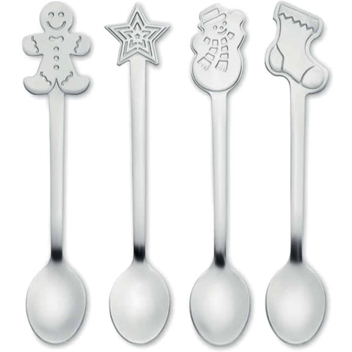 A set of four stainless steel spoons featuring holiday-themed designs: gingerbread man, star, snowman, and stocking.