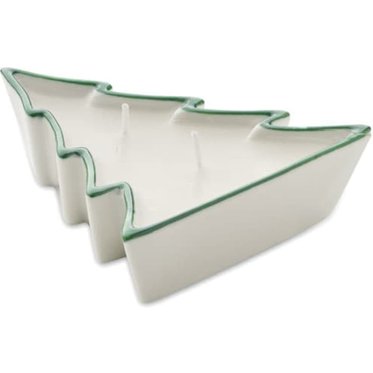 A ceramic candle holder in the shape of a Christmas tree, featuring green accents and three spaces for candles.