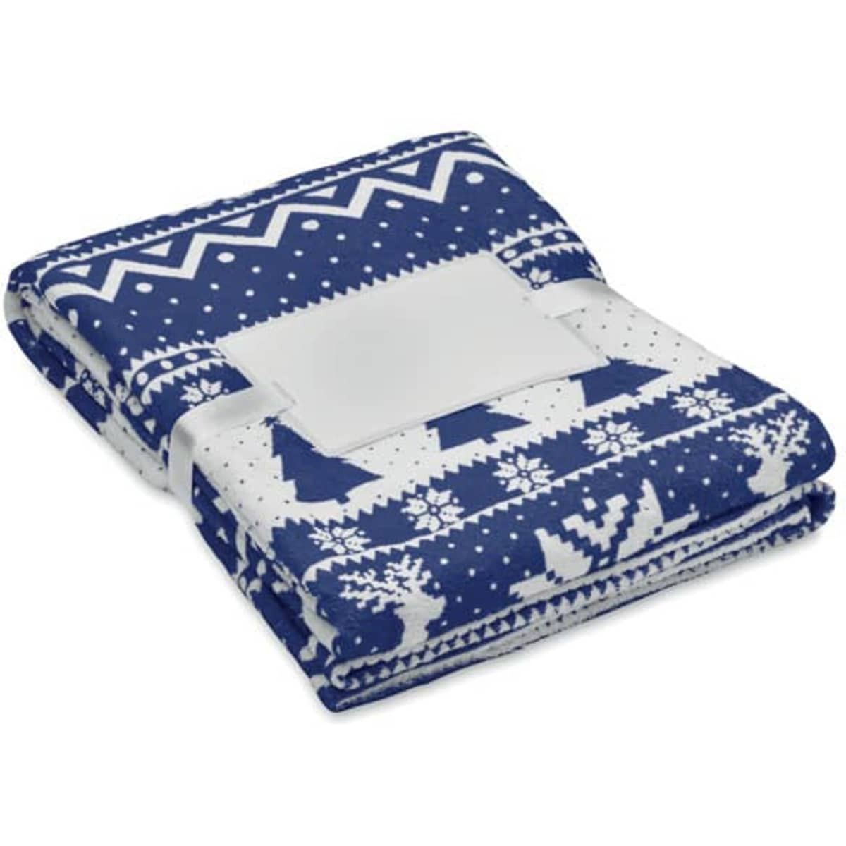 A folded blanket featuring a blue and white winter-themed pattern with geometric shapes and silhouettes of trees and reindeer.