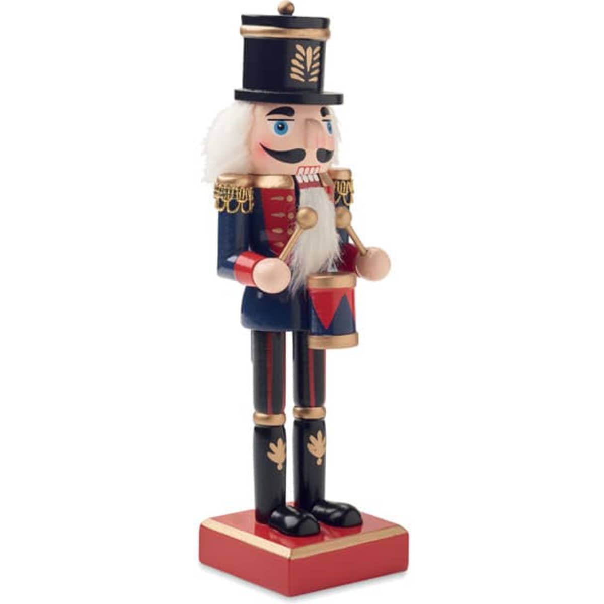 A wooden nutcracker soldier figurine, featuring red, blue, and gold colours, with a drum and a friendly expression.