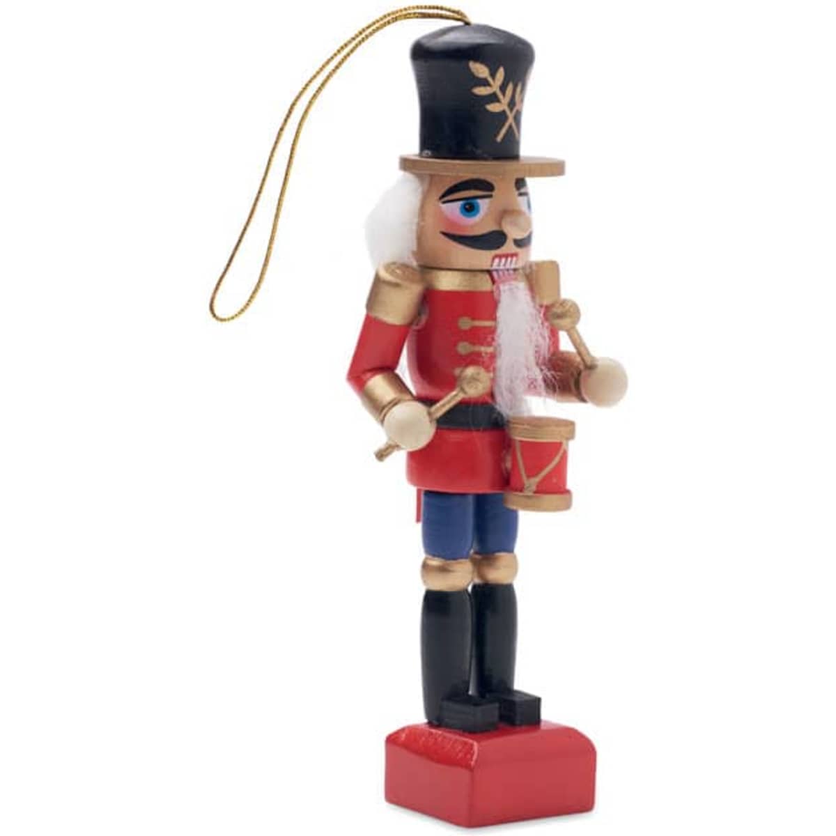 A nutcracker ornament featuring a soldier in a red and gold uniform, holding a drum and wearing a tall black hat.