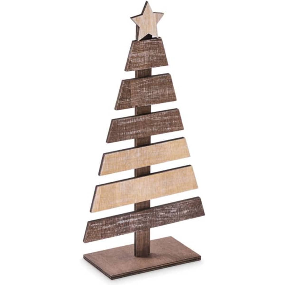 A wooden Christmas tree decoration in brown and beige with a star on top, featuring horizontal slats.