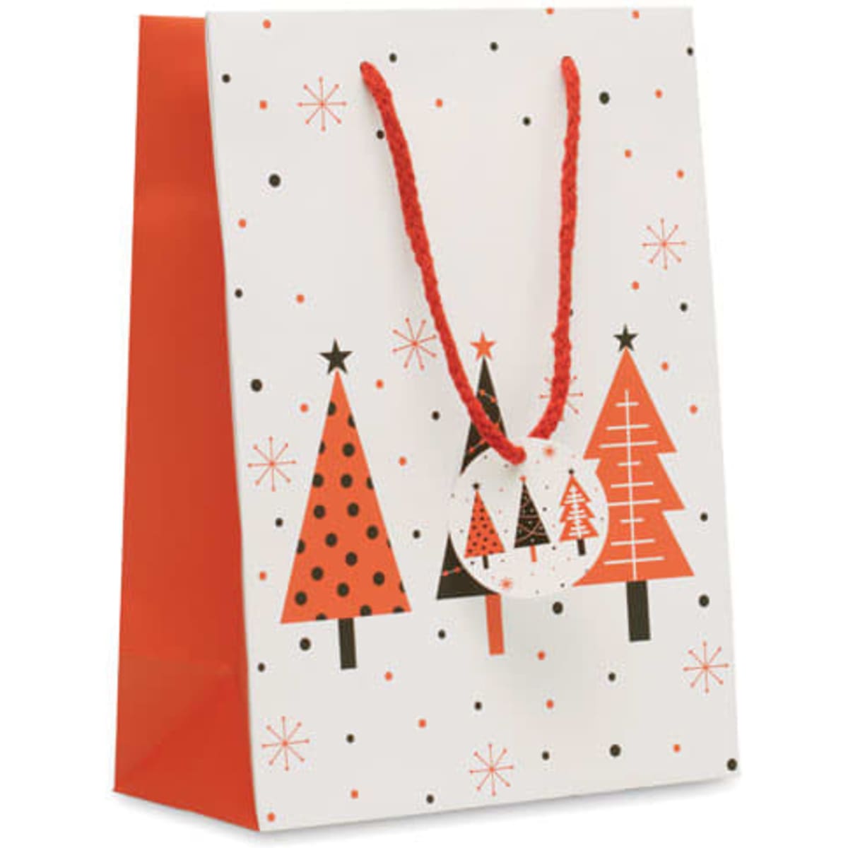A festive gift bag featuring a white background with red and black Christmas trees and orange detailing.