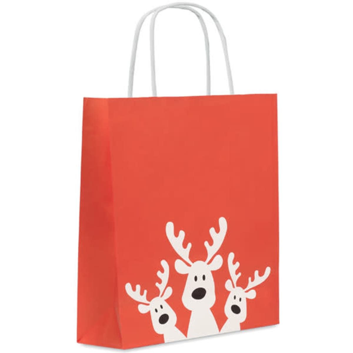 A red gift bag with white reindeer illustrations and white handles, featuring three reindeer with antlers.