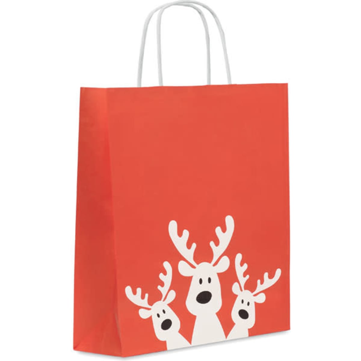 A red gift bag featuring three white reindeer with antlers. It has a pair of white handles.