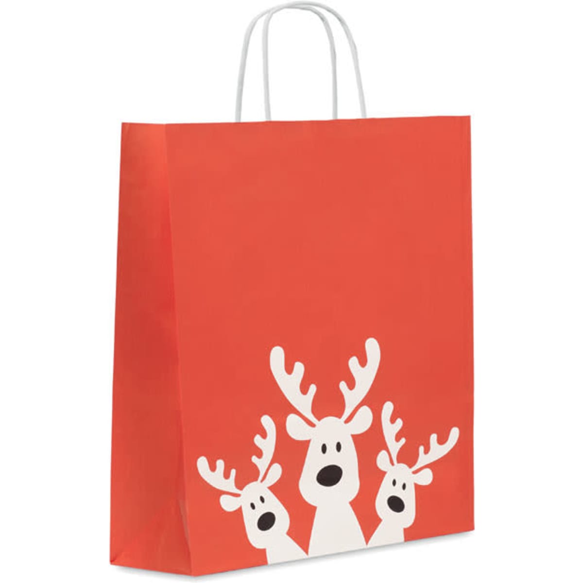 A red gift bag featuring three cartoon reindeer with antlers. The bag has white handles and a simple design.
