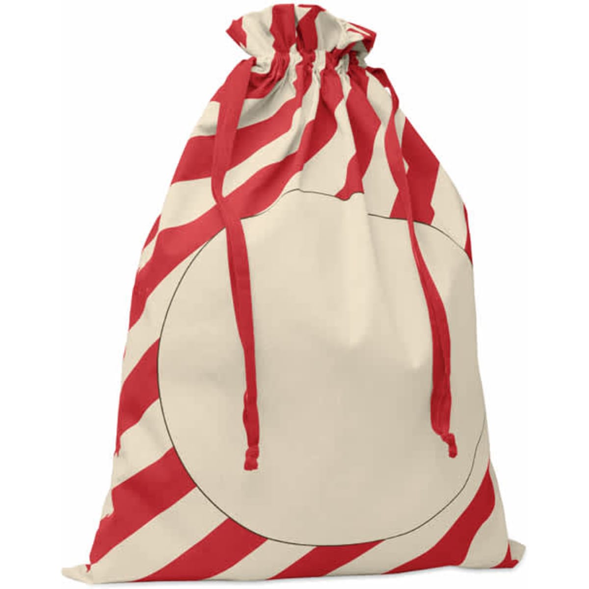 A drawstring bag with a red and white striped pattern and a solid cream circular section. It features a logo.