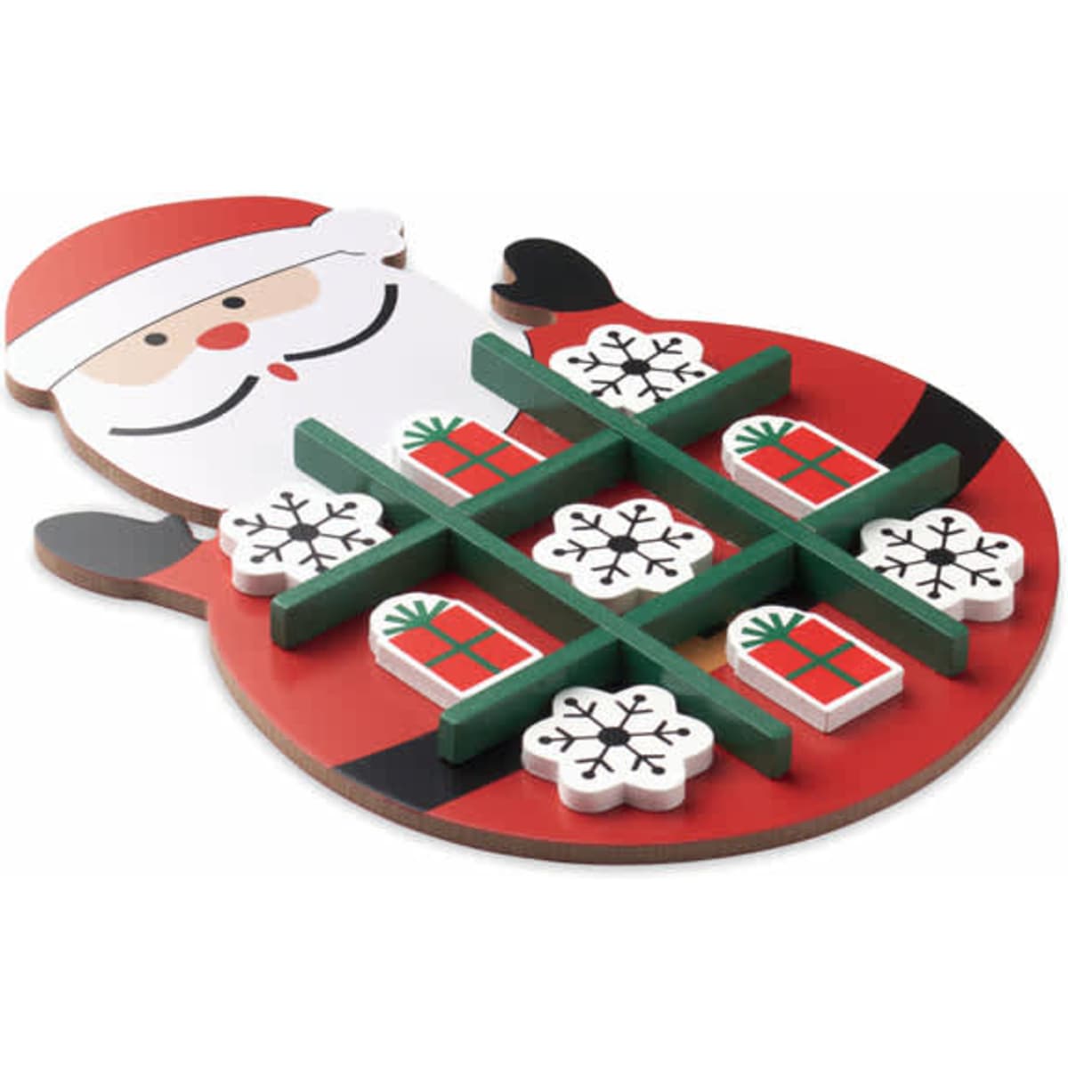 A Christmas-themed tic-tac-toe game featuring Santa, with green and white pieces on a red background.