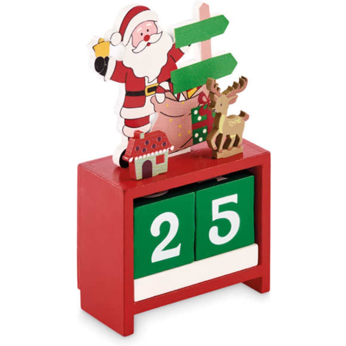 A festive wooden advent calendar in red, featuring Santa, a reindeer, and directional signs, showing the date 25.
