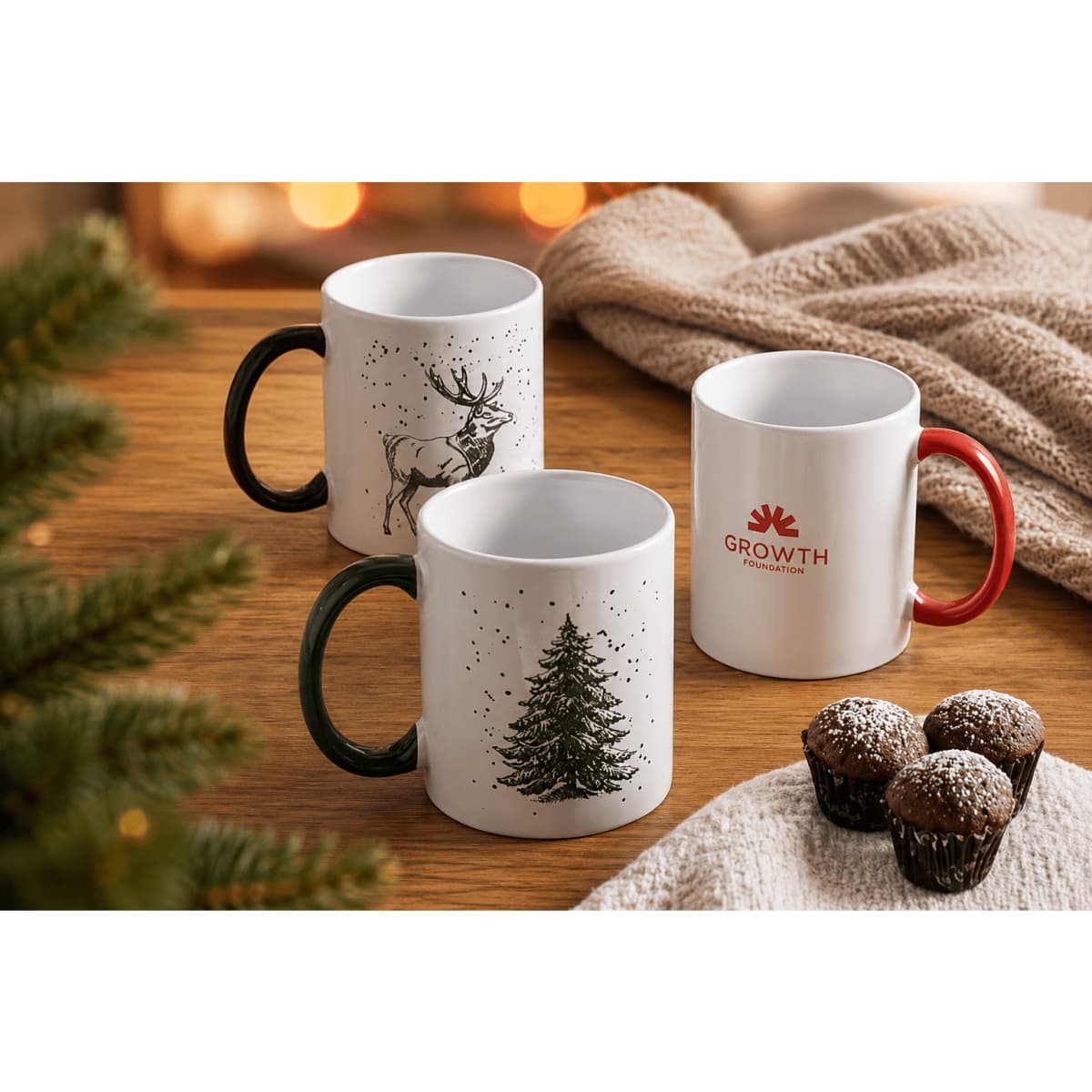 Three mugs in white, one with a red handle and two with festive designs featuring a reindeer and a Christmas tree, alongside chocolate treats.