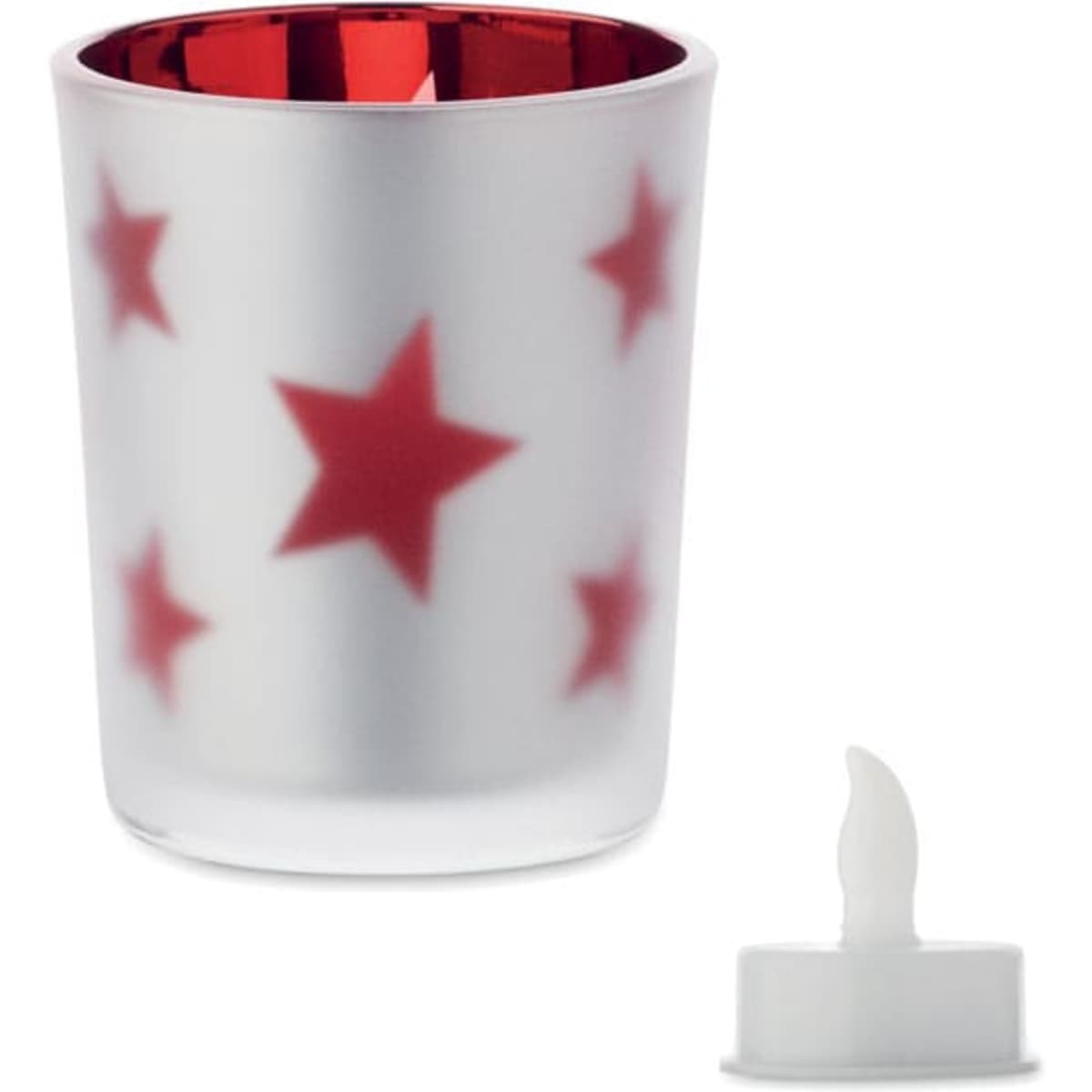 A decorative candle holder with a frosted finish and red stars, accompanied by a small white LED candle.
