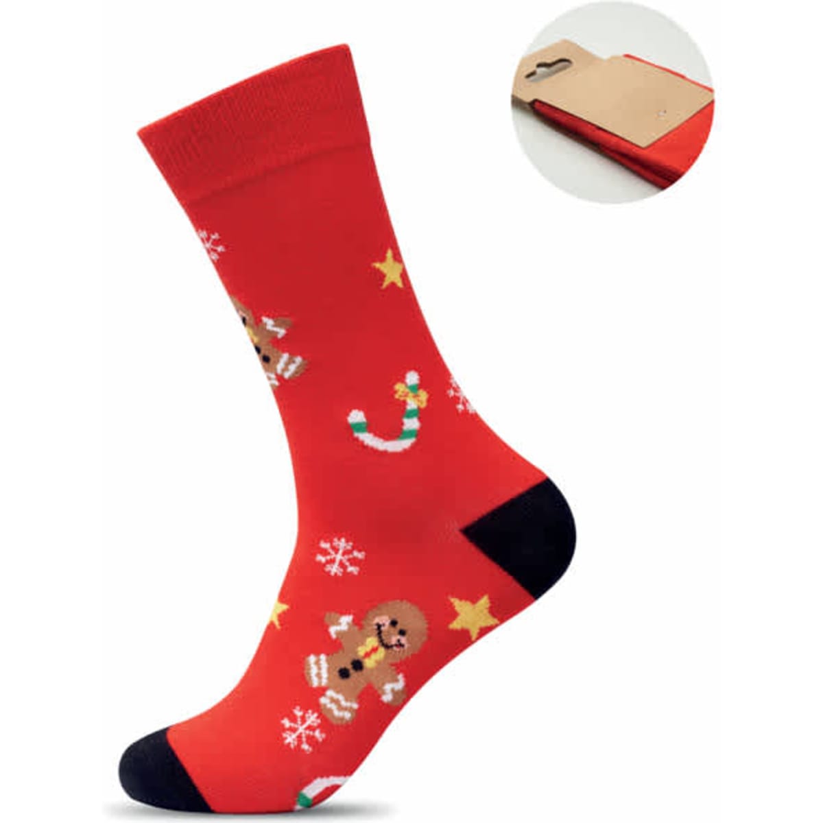 A red sock featuring festive patterns of gingerbread men, candy canes, and snowflakes, with a black toe and heel.
