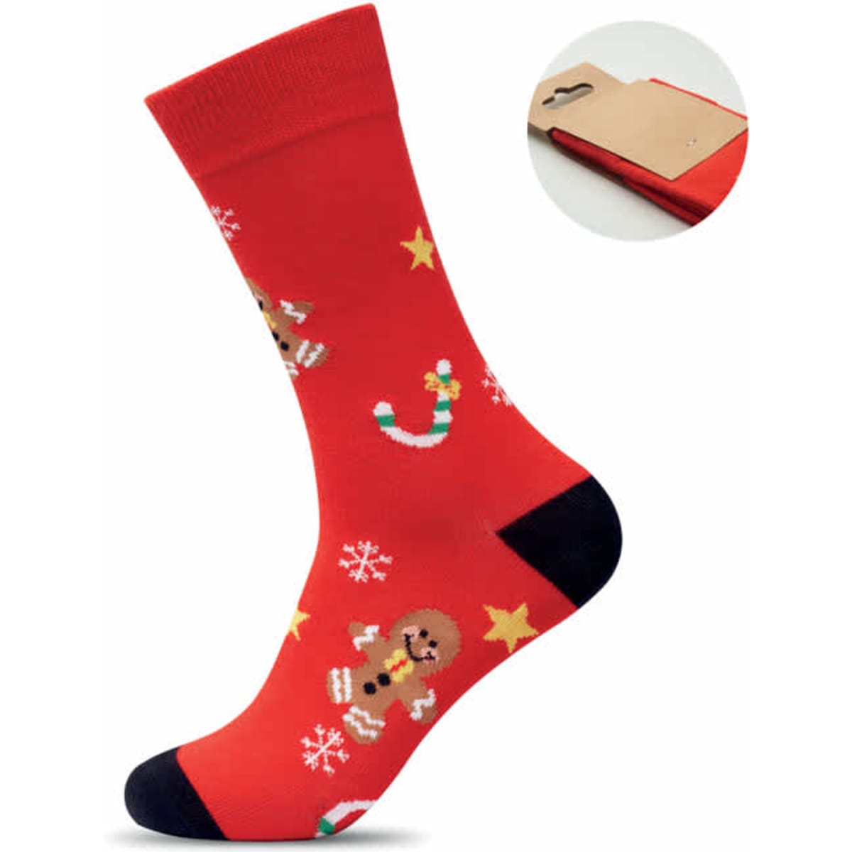 A red sock featuring festive patterns like gingerbread men, candy canes, and stars, with a tag attached.